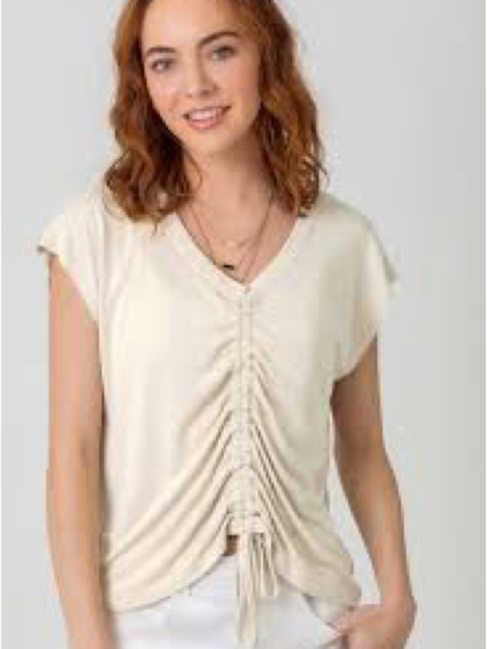 DKNY NWT $165 Soft White Ruched V-Neck Blouse Size 12